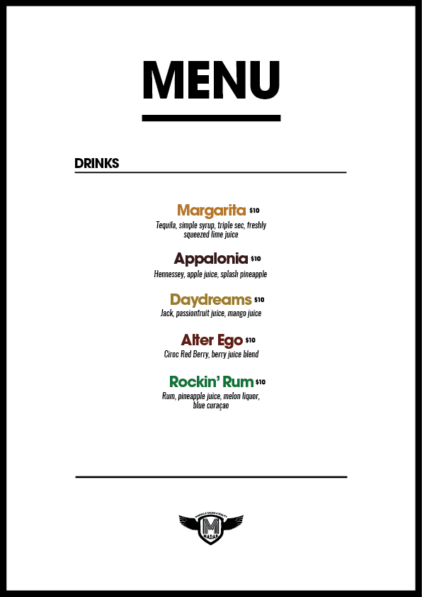 Madar Studios drinks menu